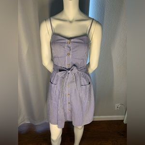 Blue and white stripped spaghetti strap button up dress with belt